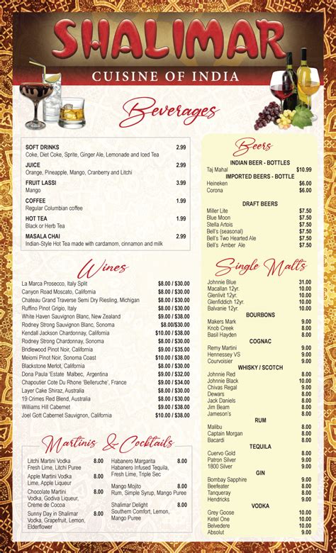 shalimar menu.